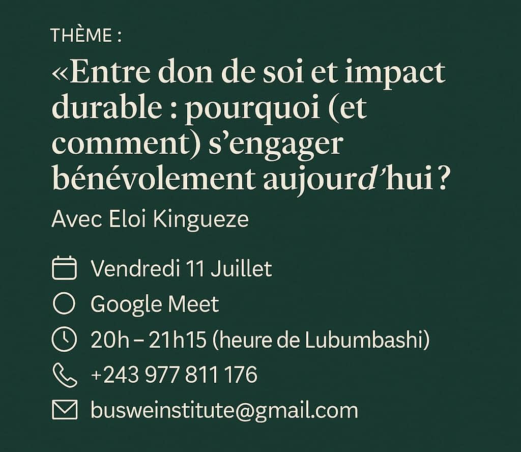 « 𝐃𝐨𝐧 𝐝𝐞 𝐬𝐨𝐢 &amp; 𝐢𝐦𝐩𝐚𝐜𝐭 𝐝𝐮𝐫𝐚𝐛𝐥𝐞 : 𝐩𝐨𝐮𝐫𝐪𝐮𝐨𝐢 𝐞𝐭 𝐜𝐨𝐦𝐦𝐞𝐧𝐭 𝐬’𝐞𝐧𝐠𝐚𝐠𝐞𝐫 𝐚𝐮𝐣𝐨𝐮𝐫𝐝’𝐡𝐮𝐢 ? » avec Eloi Kingueze, 

🕗 20h00 - 21h15
📍 Sur Google Meet : meet.google.com/ryc-zvjm-fau

Karibu - Welcome - Bienvenue 😊