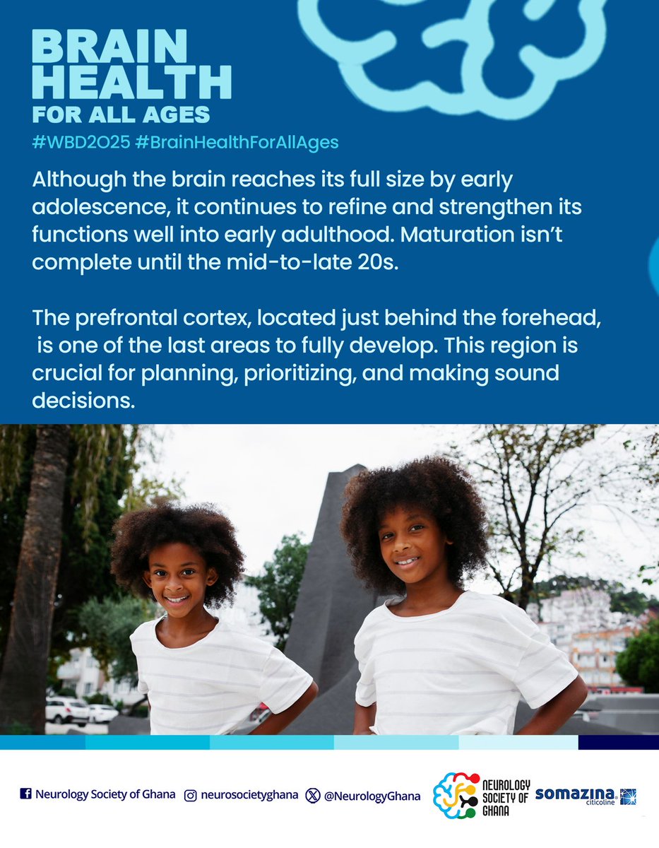 The brain keeps growing during adolescence. Good nutrition, regular exercises, and mentally stimulating activities need to continue during this critical period of transition from childhood into adulthood!

#wbd2025 #neurologysocietyofghana #nsg #brainhealth #brainhealthforallages