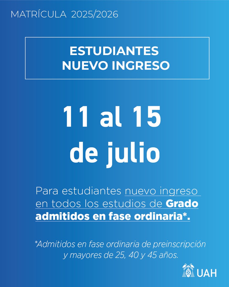 ¿Has sido admitido en la #UAH? bit.ly/admisionUAH

¡Enhorabuena! No olvides realizar tu matrícula, tienes de plazo hasta el 15: 👉ow.ly/bHtp50SAezW

Descubre aquí todo lo que la UAH puede ofrecerte (incluye guía de primeros pasos): ow.ly/r4J450SAezZ

#GenteUAHpa