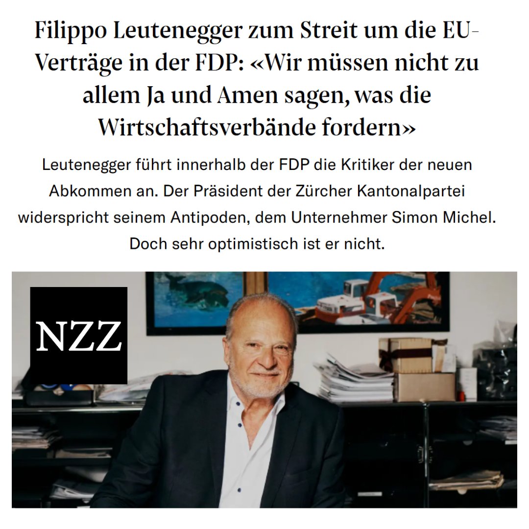 fdp_zh's tweet image. 💡 Die @FDP_Liberalen hat eine Arbeitsgruppe zu den Bilateralen III eingesetzt. Parteipräsident der @fdp_zh, @F_Leutenegger, leitet die EU-kritische Seite, Nationalrat @simonmichel die befürwortende.
🔗 Die kritischen Punkte des Parteipräsidenten: bit.ly/4lyPRrk