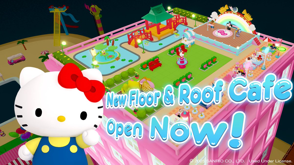 RockPandaGames's tweet photo. Big Surprise!Cafe 6th Floor+Rooftop arrives together!🥳
The long awaited 6th floor+Rooftop is finally here with you!🌟
There are also new blueprints to light up your design inspiration~⚒️
Ready to give the cafe a new look?😎
Show your work to everyone!🙌
#HelloKitty #Roblox https://t.co/nk6YSAYHW9