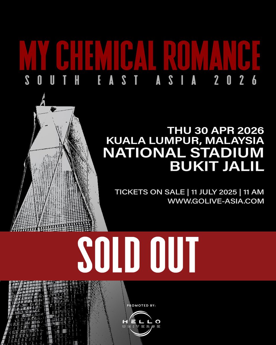 xdidiandrax's tweet image. MY CHEMICAL ROMANCE LIVE IN KL
OFFICIALLY SOLD OUT!
SEE YOU NEXT YEAR! β°οΈ
#MCRLiveInKL #MCRinKL
