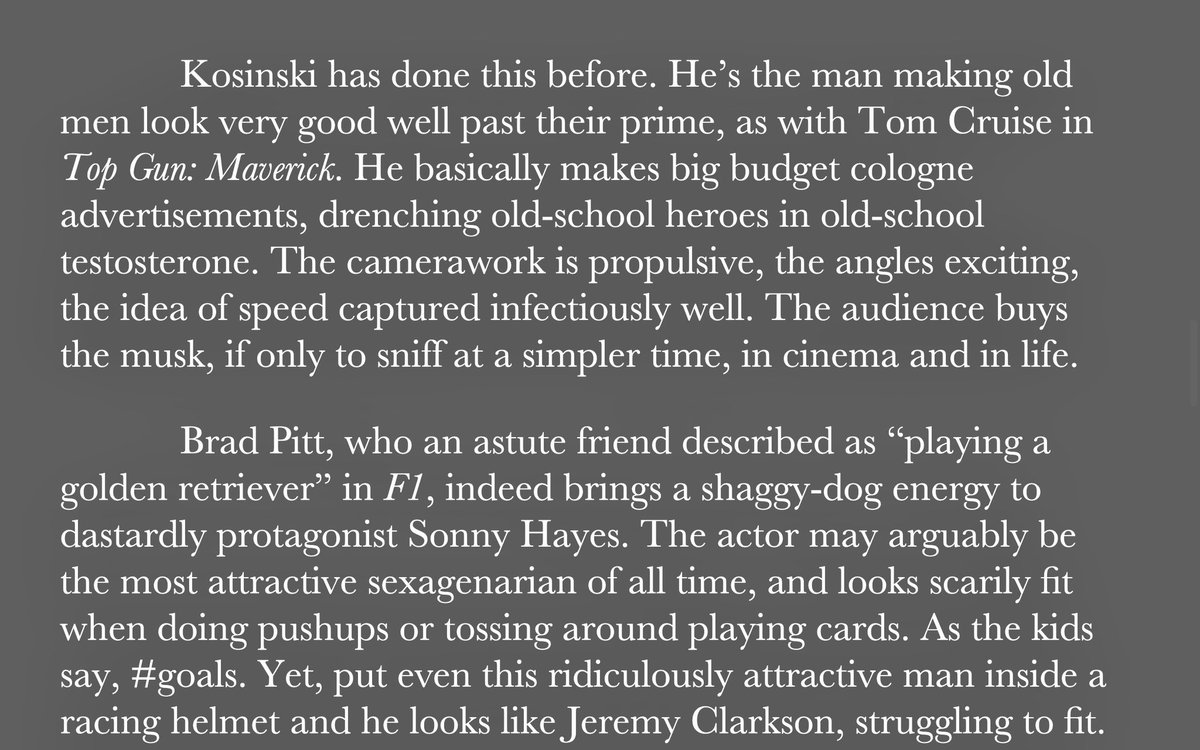 I wrote about Joseph Kosinski’s #F1, a (good-looking) disgrace to the sport. 

(Review continued in the next post)