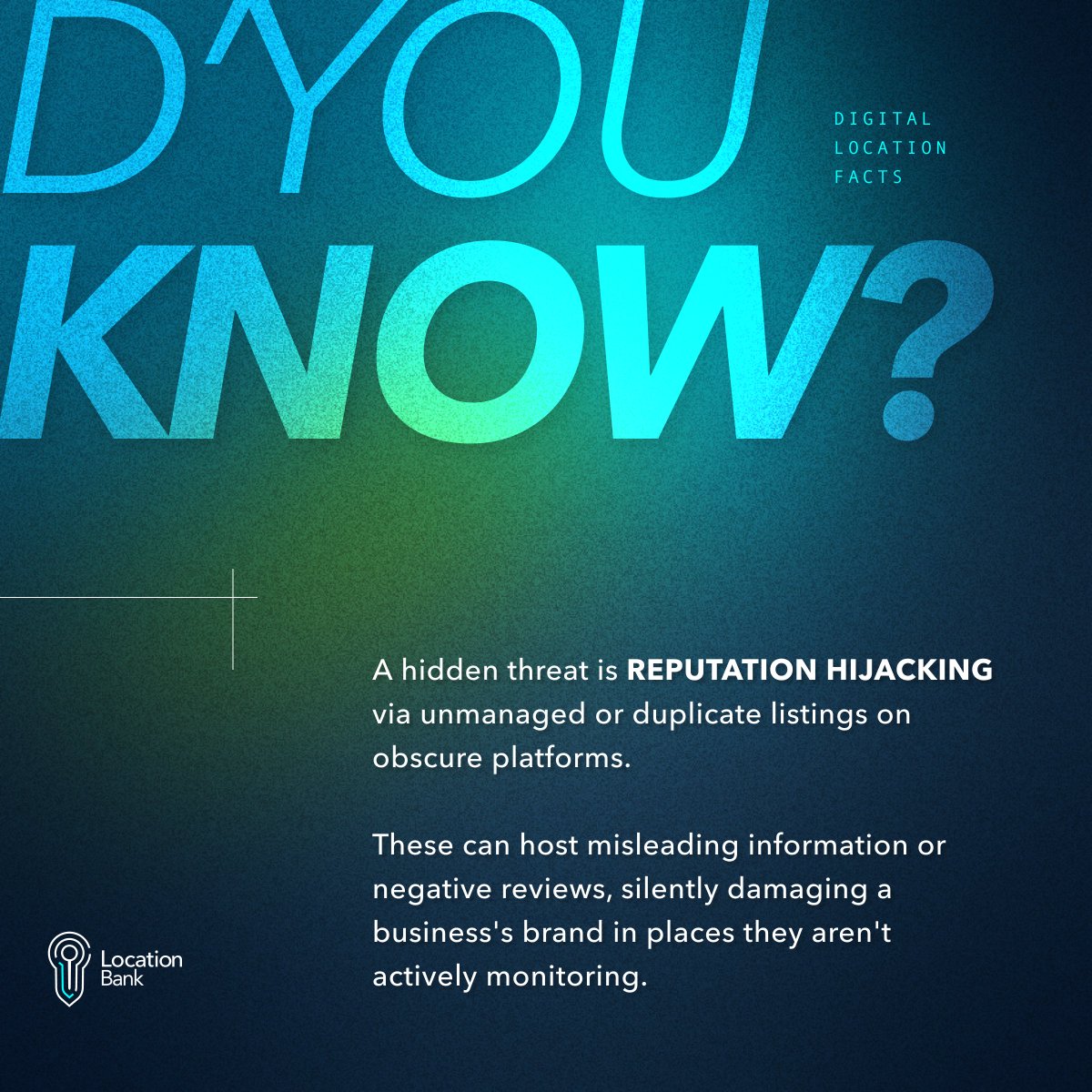 Location_Bank's tweet photo. 🚨 Did You Know?

Your brand could be a victim of Reputation Hijacking through unmanaged or duplicate listings on obscure platforms.

These hidden traps can host fake info or negative reviews, silently harming your brand where you're not looking.

✅ Stay protected.
✅ Take control of your digital presence with Location Bank.

#ReputationManagement #BrandProtection #DigitalPresence #LocalSEO #MultiLocationMarketing #LocationBank