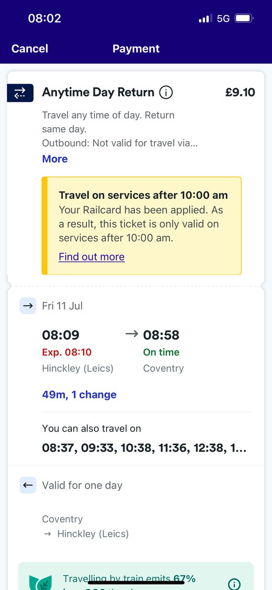 emb99483795194's tweet photo. @thetrainline so up until a week or so ago i could use my railcard on this exact journey - now you’re saying i can’t??? meaning this journey will cost me an extra £1.70. don’t understand what’s changed - my railcards pretty much null &amp; void now, i only rlly use it for commuting. https://t.co/iyAP1gy9La