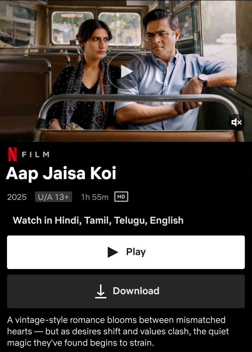 🔔 #AapJaisaKoi (2025) now streaming on Netflix.

Starring - Madhavan &amp; Fatima Sana Shaikh.

Audios - Hindi (Original), Tamil, Telugu &amp; English.

#AapJaisaKoiOnNetflix