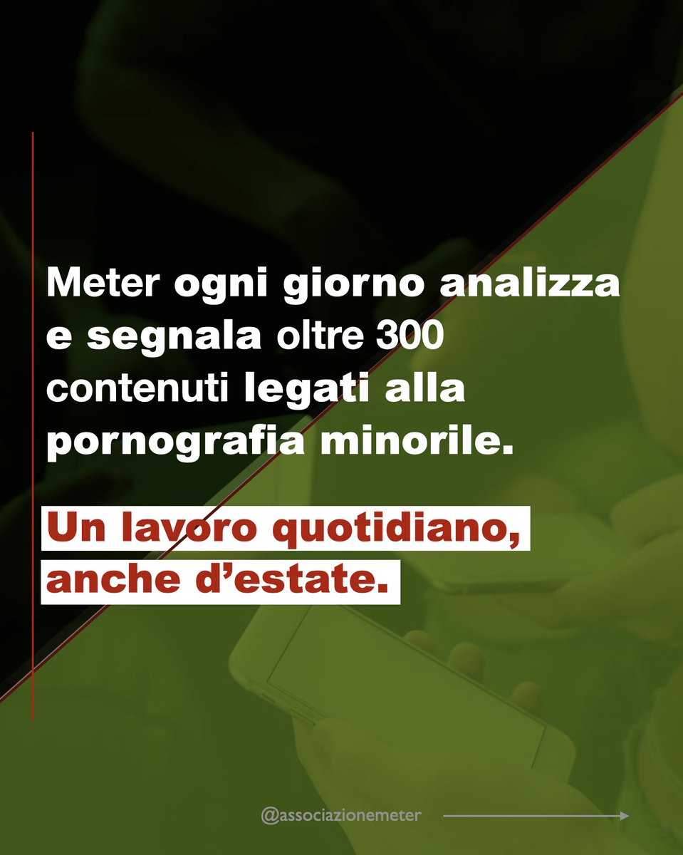 Estate: più tempo online per i bambini, più occasioni per i predatori.

👁‍🗨 Ogni giorno monitoriamo oltre 300 contenuti pedopornografici.

Anche tu puoi segnalare materiale sospetto dal nostro sito.
Un gesto può salvare un’infanzia.

🔗 associazionemeter.org