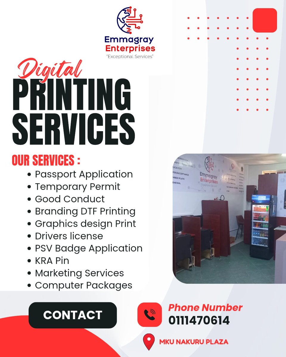 🔹 Graphic Design – Logos, posters, business cards, social media posts
🔹 Web Design &amp; Hosting – Websites for businesses, events, or personal brands
🔹 Computer Repairs – Troubleshooting, software installs, and maintenance
🔹 Online Government Services – KRA, HELB, NTSA, eCitizen