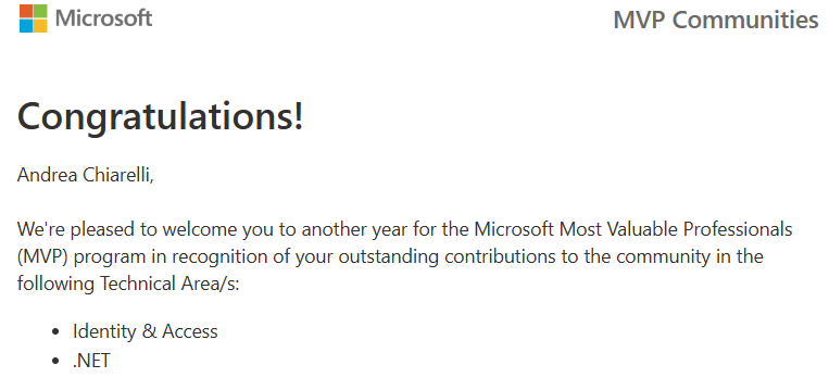 andychiare's tweet image. I've been confirmed as a Microsoft MVP for Identity and .NET 🎉🎉🎉
#MicrosoftMVP #MVPBuzz #MVPAward #Identity #dotnet