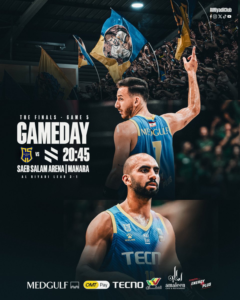 GAME DAY ⛹️ !!!
🏀 Al Riyadi v/s Sagesse
🏆 Lebanese League Finals
📍 Saeb Salam Arena
⏲️ 20:45 🇱🇧
📺 MTV | MTV YouTube