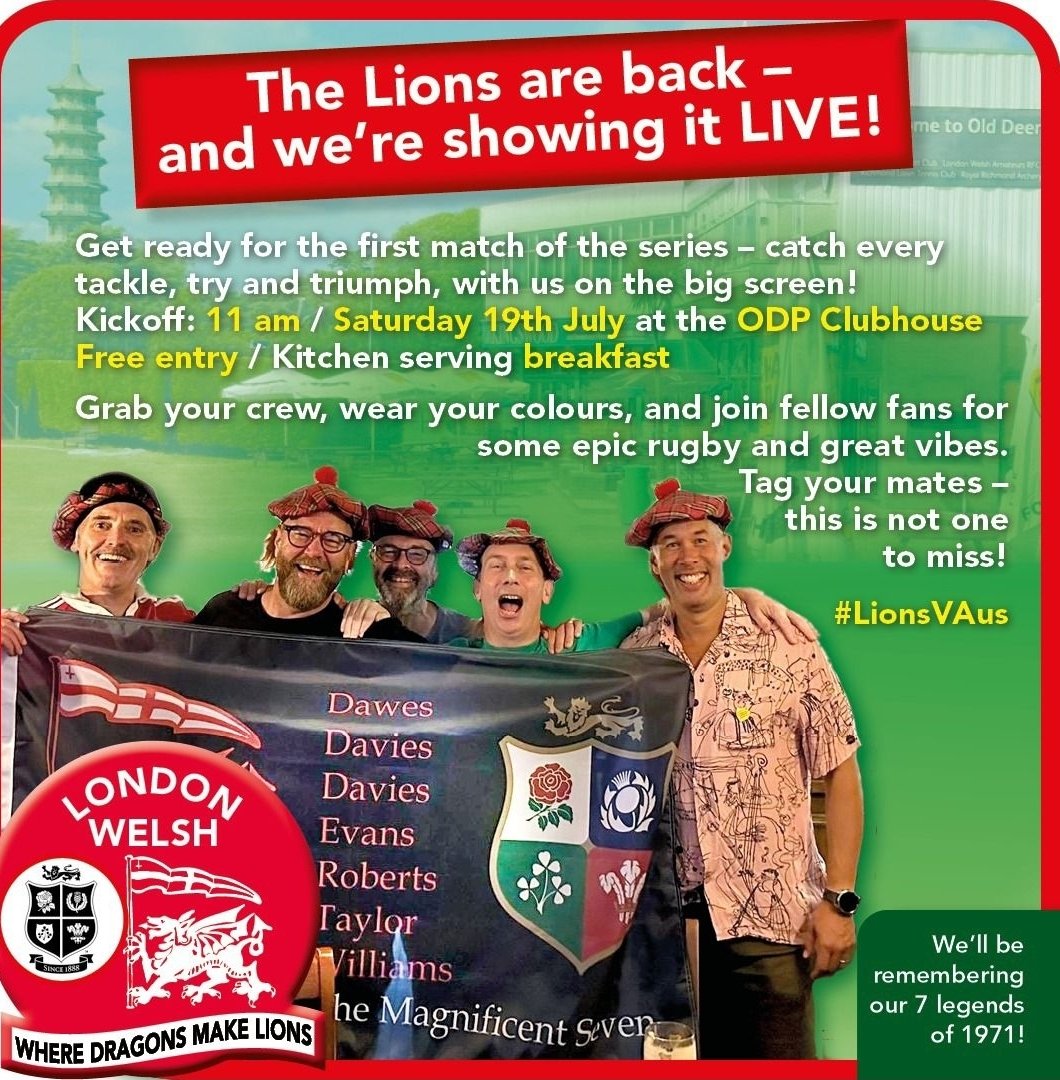 LondonWelshRFC's tweet image. WATCH THE LIONS AT LONDON WELSH 🦁
Get down to London Welsh for the 1st test! We will be remembering our 1971 Lions! All 7 of the legends!
There is no more fitting place to watch the @lionsofficial
Breakfast served
Entry is Free!
#lwfamily