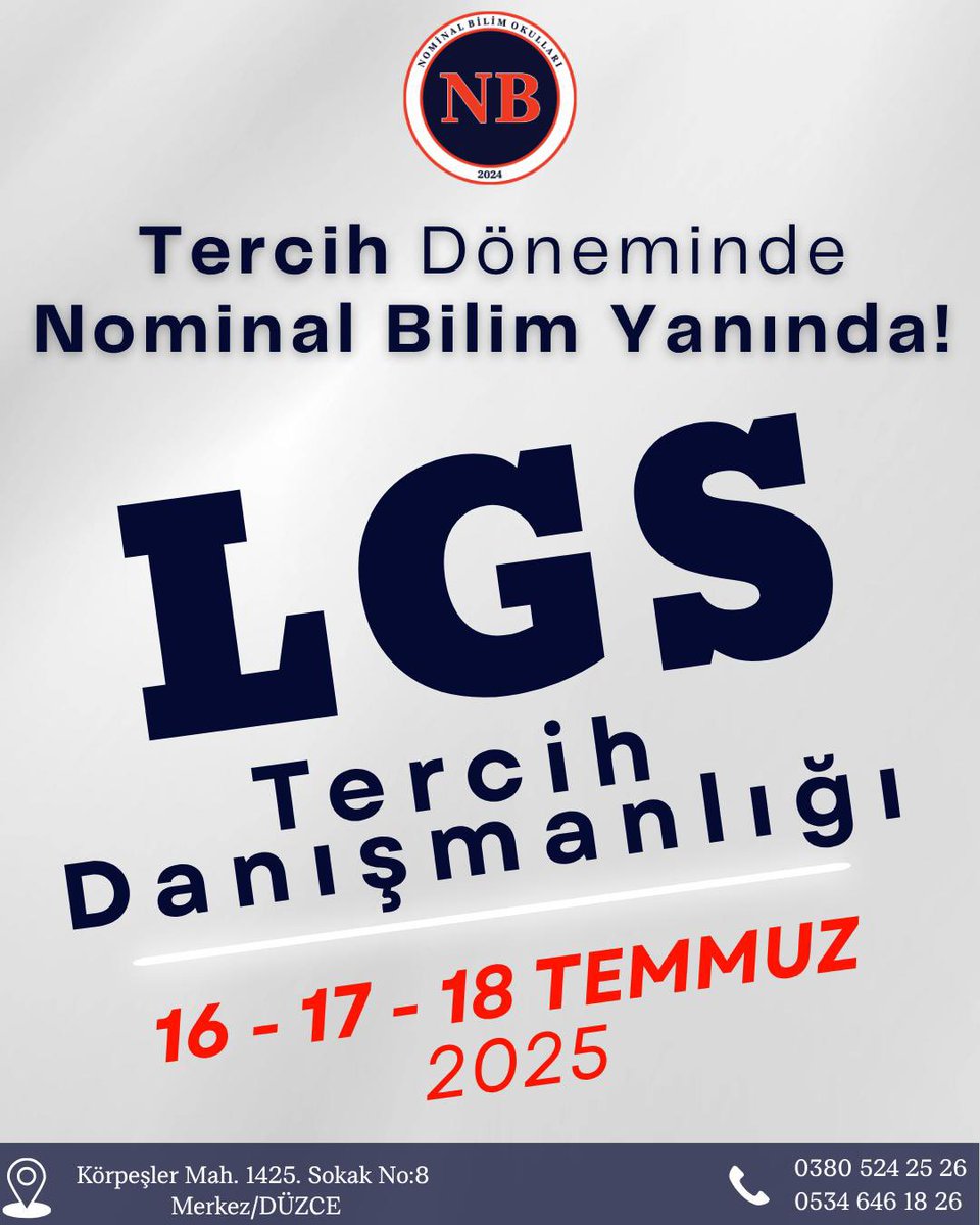 📣 LGS TERCİH DÖNEMİNDE YANINIZDAYIZ!
📌 Tercih sürecinde en doğru kararı vermek için uzman kadromuzla buradayız.
🎯 Hedeflerinize uygun okulları birlikte değerlendiriyor, en iyi seçenekleri
📍 Körpeşler Mah. 1425. Sokak No:8 Merkez / DÜZCE
📞 0380 524 25 26
📱 0534 646 18 26