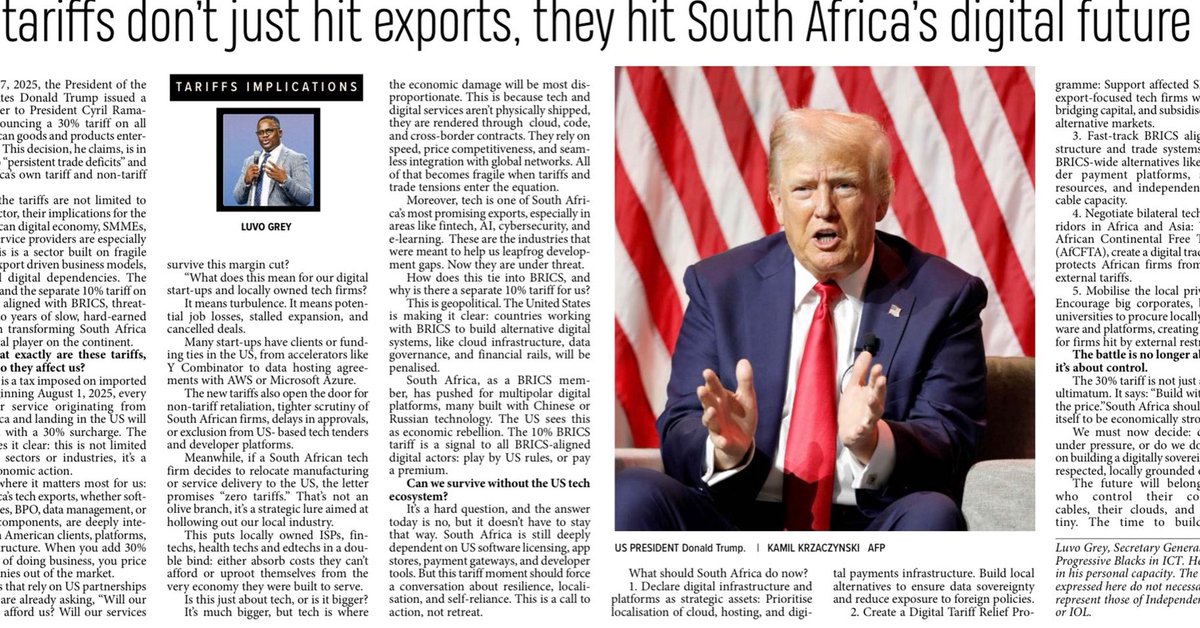 US tariffs hit more than exports , they strike at South Africa’s digital future.

My latest article breaks down what this means for tech start-ups, BRICS firms, and digital sovereignty.

Now in print: The Mercury, The Star, and Cape Times.
#DigitalSovereignty #LuvoGrey