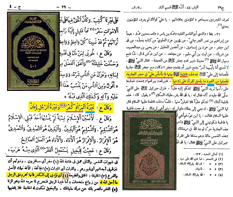 تناقضات دين #الشيعة : رواية تقول أن غيرة المرأة كـفـر ، ورواية أخرى تقول أن السيدة فاطمة غارت على زوجها علي بن أبي طالب.