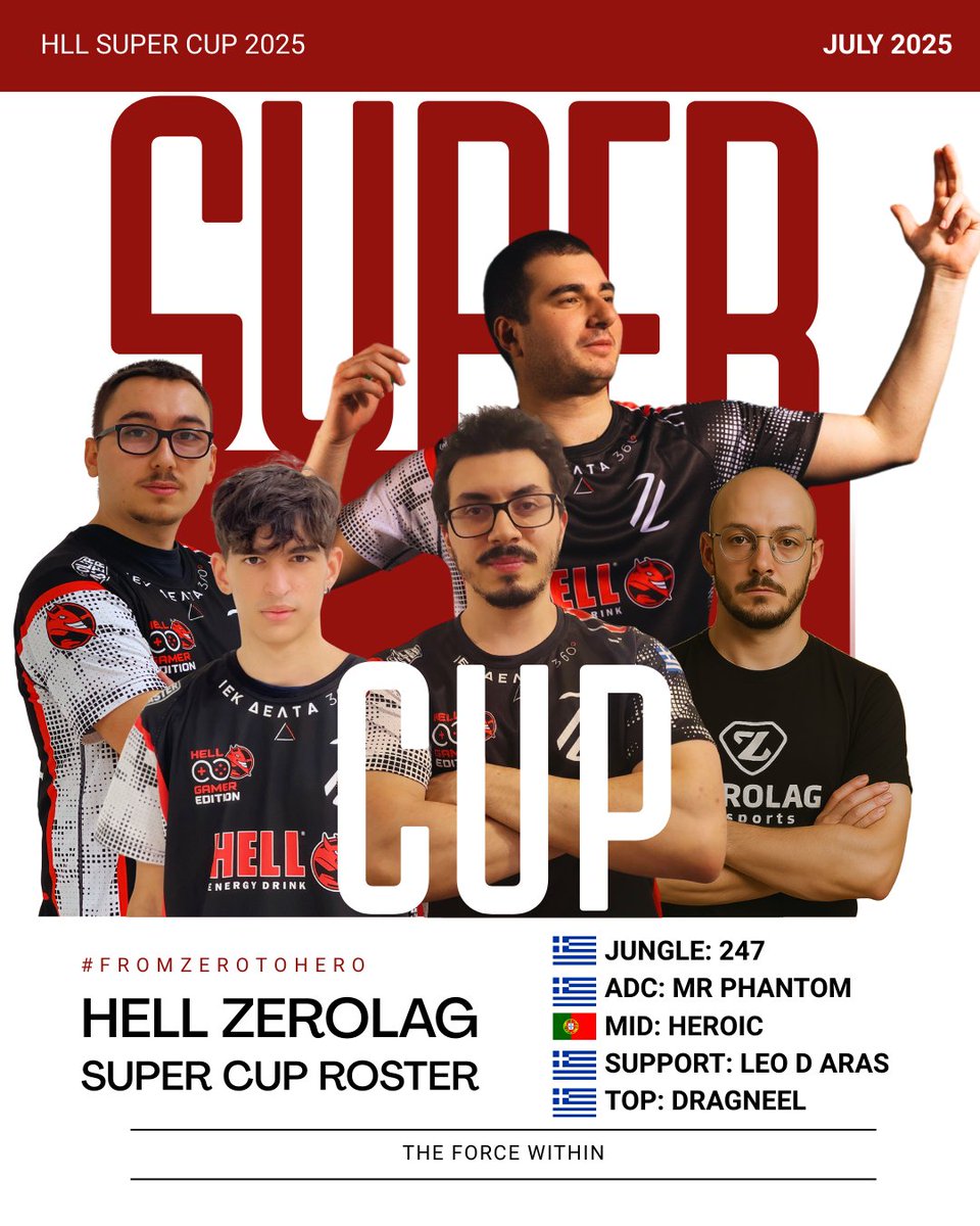 🔥ANNOUNCEMENT TIME🔥
 The battlefield is set. The warriors are ready. 

Our roster for the HLL SUPER CUP🏆:

 Support: <a href="/Leodaras999/">Leo</a>  
ADC: <a href="/MrPhant0m_lol/">MrPhant0m</a>  
 Mid: <a href="/HeroicResi/">Francisco Ribeiro</a>   
 Jungle: <a href="/akostas471/">akostas47</a> 
 Top: <a href="/GiandamVGC/">John Damas</a> 

Fueled by <a href="/hellenergycom/">HELL ENERGY</a> ❤️

#HLLSuperCup #HELLZEROLAG