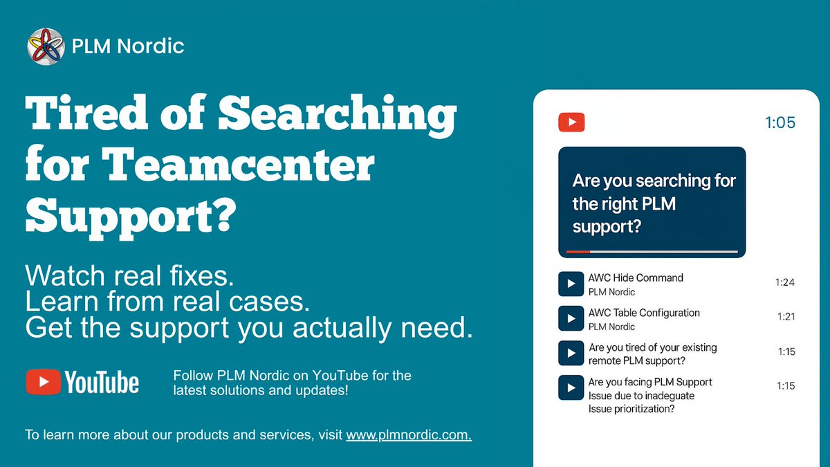 Struggling with PLM Support? We’ve Got You Covered.
At <a href="/plmnordic/">PLM Nordic</a> , we have a dedicated YouTube channel packed with:
Quick-fix tutorials, Expert insights, End-to-end PLM support explanations
Start watching here: 📷youtube.com/playlist...

learn more plmnordic.com.