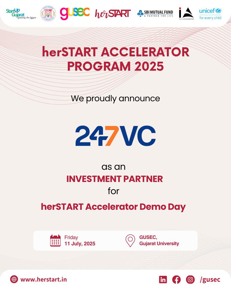 Welcoming 24Seven VC as Investment Partner

We are proud to announce 24Seven VC as an official Investment Partner for the herSTART Accelerator Demo Day 2025.

11 July 2025
GUSEC, Gujarat University

Stay tuned for more updates from the herSTART Accelerator Program 2025