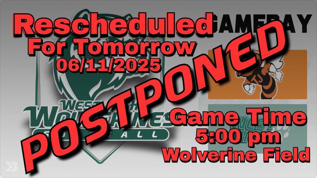 ⚡️🌩Rain-Out 🌩⚡️
Tonight's Regional Softball Game against Thomas Jefferson is Rescheduled for today,   July 11, at 5:00 pm at West High School.
