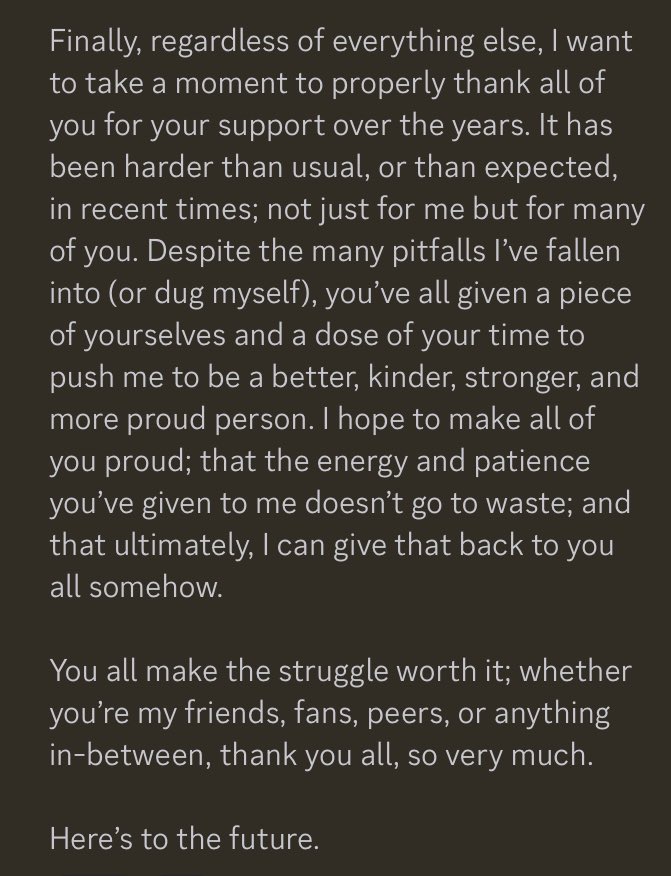 had a slightly more meaningful thing to say to everyone on Discord, so here it is: