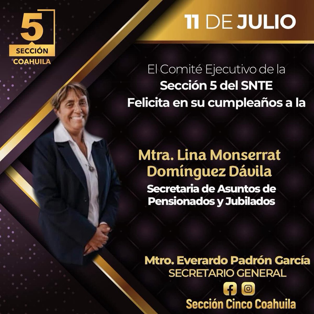 🎁 🎂 🎁 El Comité Ejecutivo de la Sección 5 del SNTE, desea en su cumpleaños un gran día a la Mtra.. Lina Monserrat Domínguez Dávila, Secretaria de Asuntos de Pensionados y Jubilados del CES.
🎂 Que sea un día lleno de muestras de cariño de parte de sus familiares y amistades.