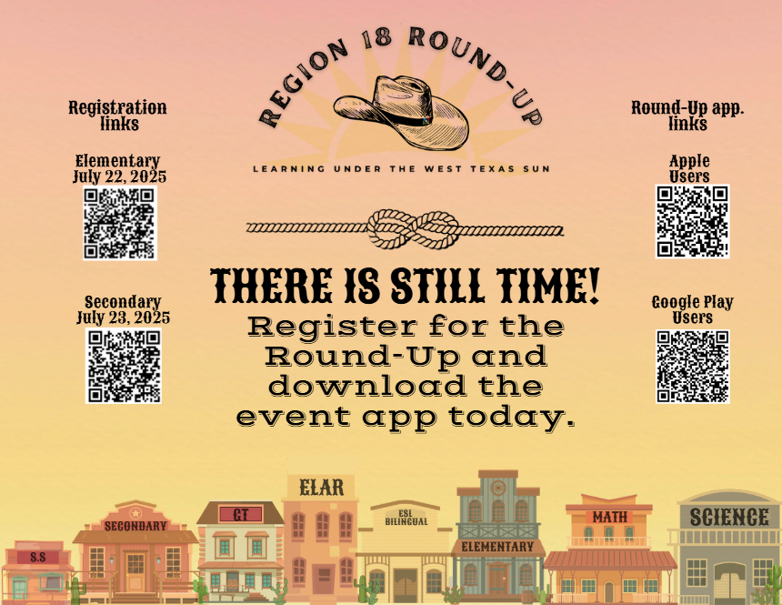 Region 18 ESC (@region18esc) on Twitter photo Still haven't saddled up  for the Region 18 Round-Up or downloaded our event app?
Don't fret partner, there's still time!
Just scan the QR codes on the flyer to get started on both.
It's quick, easy, and gets you ready to ride into the Round-Up fully prepared! Still haven't saddled up  for the Region 18 Round-Up or downloaded our event app?
Don't fret partner, there's still time!
Just scan the QR codes on the flyer to get started on both.
It's quick, easy, and gets you ready to ride into the Round-Up fully prepared!