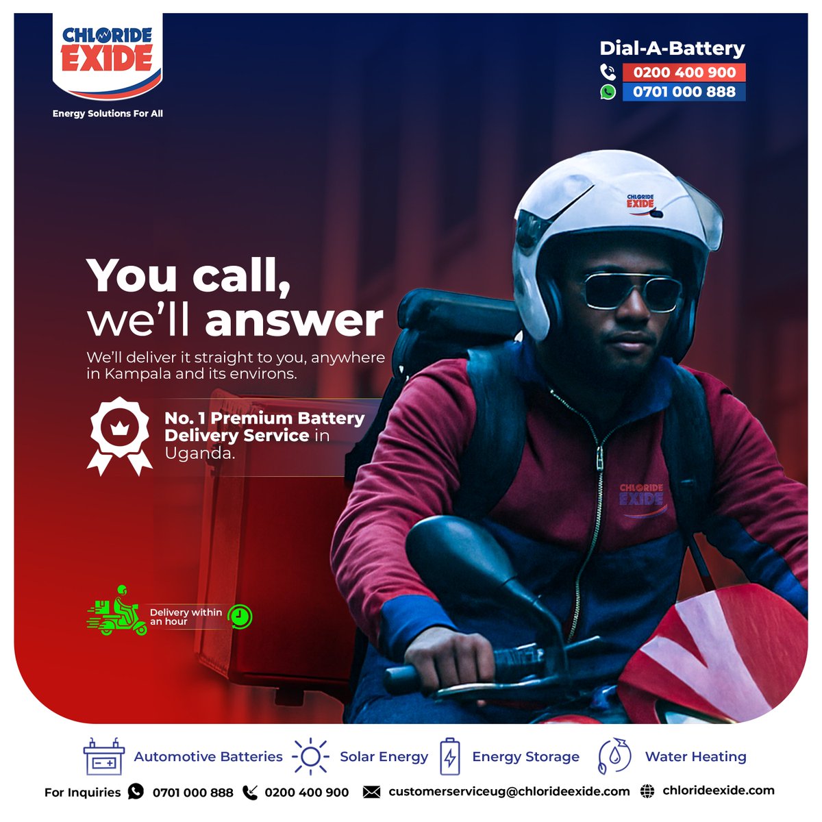 chlorideexideug's tweet image. Stuck with a dead battery?
Chloride Exide’s Dial-A-Battery service brings a new battery to your location and installs it within 1 hour across Kampala and nearby areas.
Fast, hassle-free, and always reliable.
No. 1 Premium Battery Delivery Service in Uganda.
📞 0200 400 900 |…