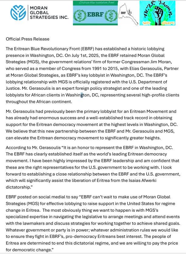 BereketKahsai1's tweet photo. https://t.co/6f2u5DjOpD                                                                                      
Press Release
🇪🇷EBRF establish a historic lobbying presence in Washington DC. on July 1, 2025 retains Moran Global Strategies, government relations firm @BeyeneGerezghe1 https://t.co/Y1l1XhlzPw