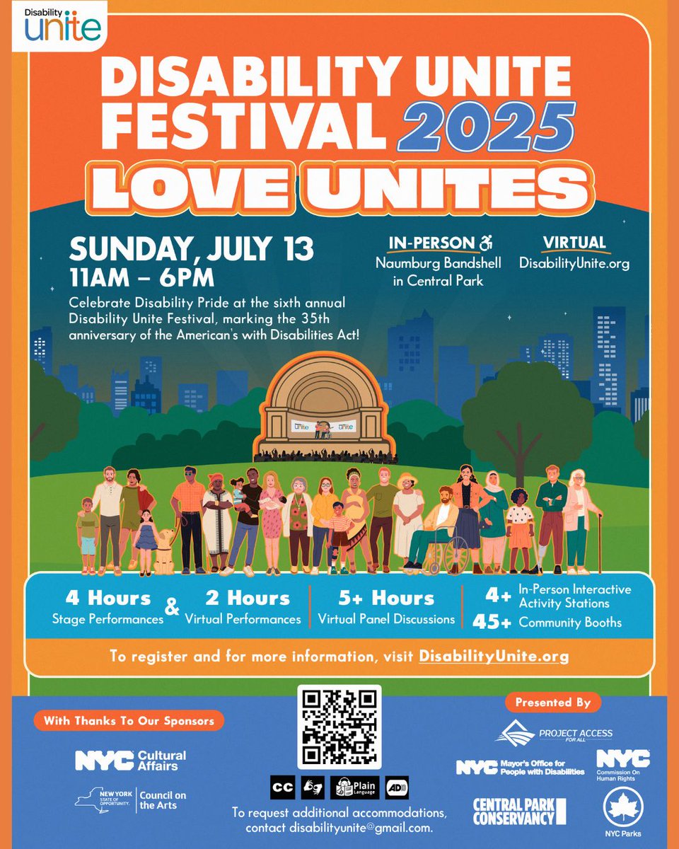 NYCHRA's tweet image. Join the DSS Office of Disability Affairs at the 2025 Disability Unite Festival on Sunday, July 13 at the Central Park Bandshell and online at disabilityunite.org! Featuring performances, discussions, community organizations and more.
#DisabilityUniteFestival