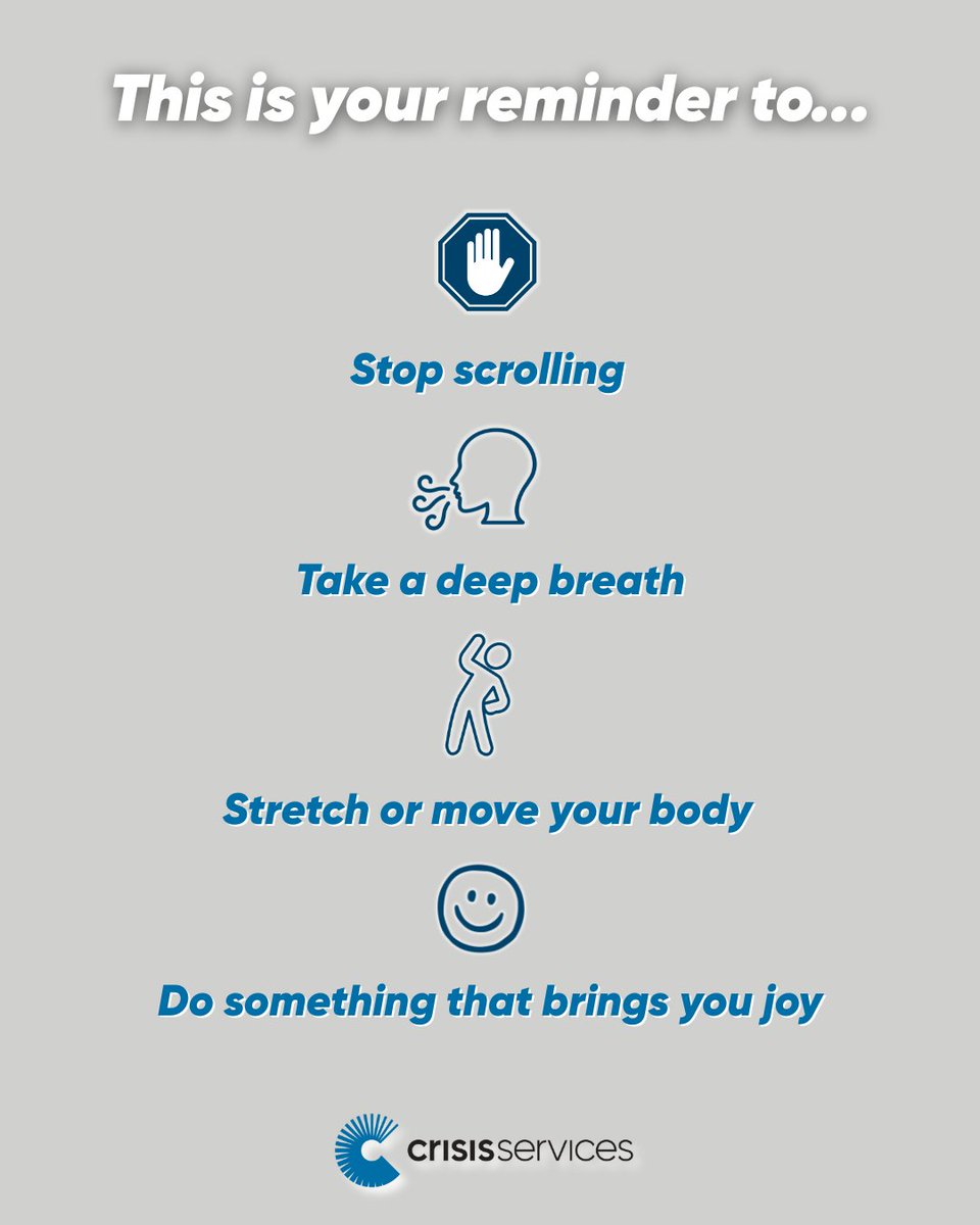 ❤️ Stop scrolling ❤️

Take a moment to stop scrolling and to focus on YOU. Breathe, stretch, hydrate, and make today one you feel good about! You got this.

#MentalHealthAffirmations #MentalHealthResources #CrisisSupport