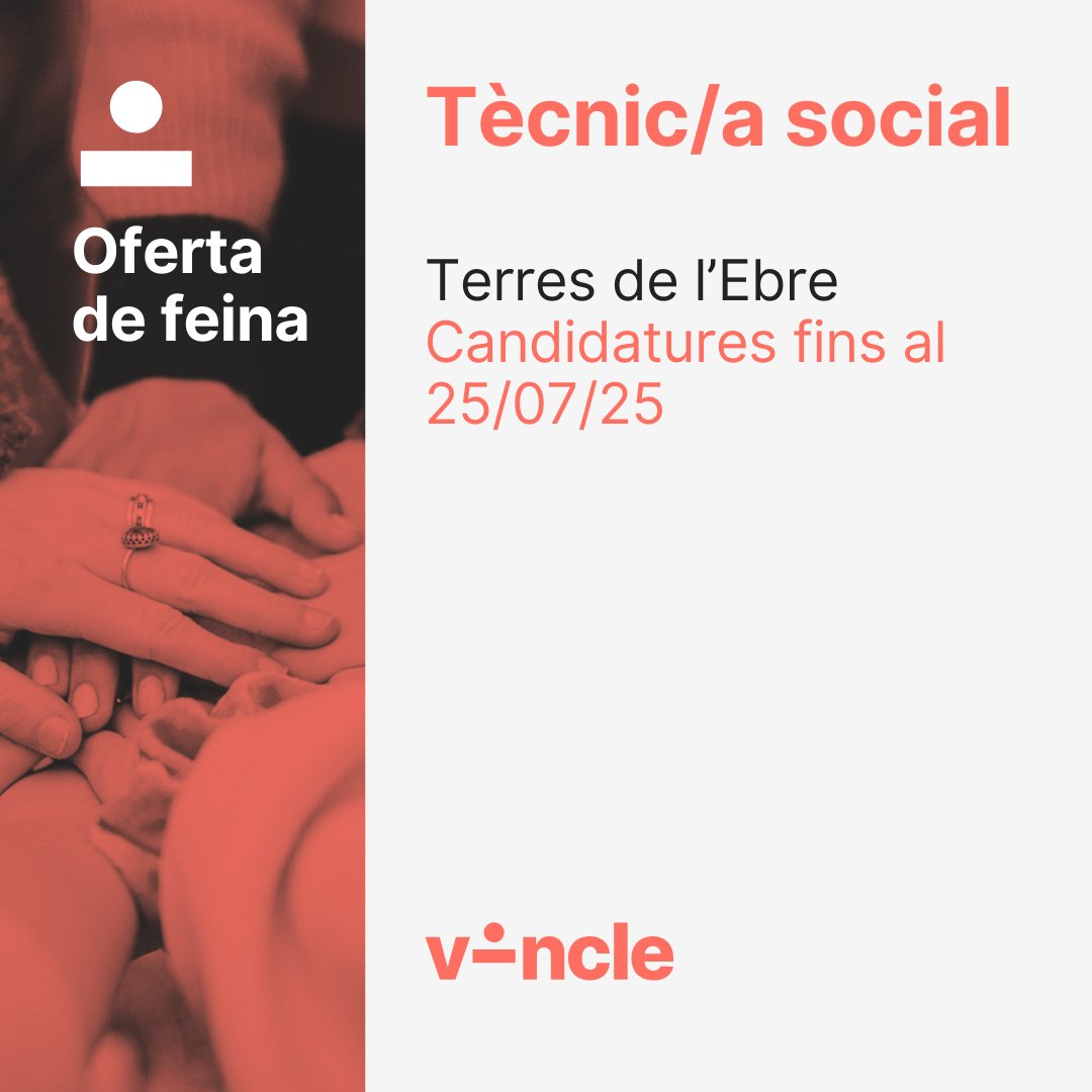 📢 OFERTA DE FEINA

🔎 Tècnic/a social
📌 Terres de l'Ebre
✍️ Candidatures fins al 25/07/25
👉 Més info: ow.ly/tAch50VSpr5 

#treball #oferta #feina #tarragona #tecnicsocial #terresdelebre #social #tercersector #vincle