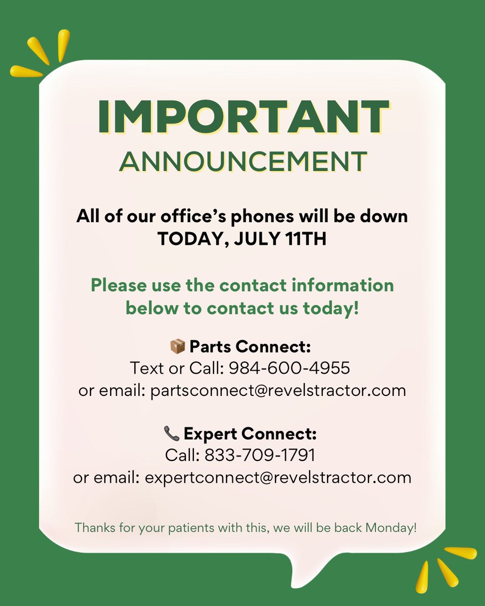 🚨Reminder: Here is how you can contact us today! Our phone system will be back up and running soon! Thanks for your patience and understanding!