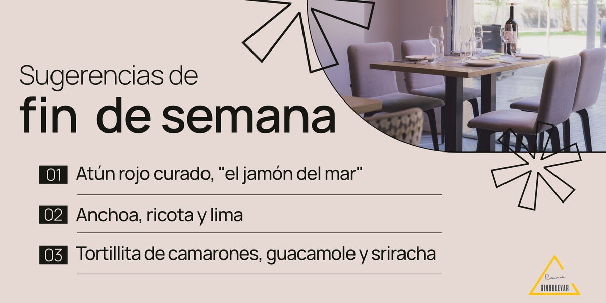 ✨ ¡Sugerencias del finde en Ginbulevar! ✨ Disfruta de:

🐟 Atún rojo "jamón del mar"
🐟 Anchoa, ricota y lima
🦐 Tortillita de camarones con guacamole

¿Listo para reservar?
📞 +34 957 892 123
🌐 ginbulevar.com

#SugerenciasGinbulevar #CocinaConAlma