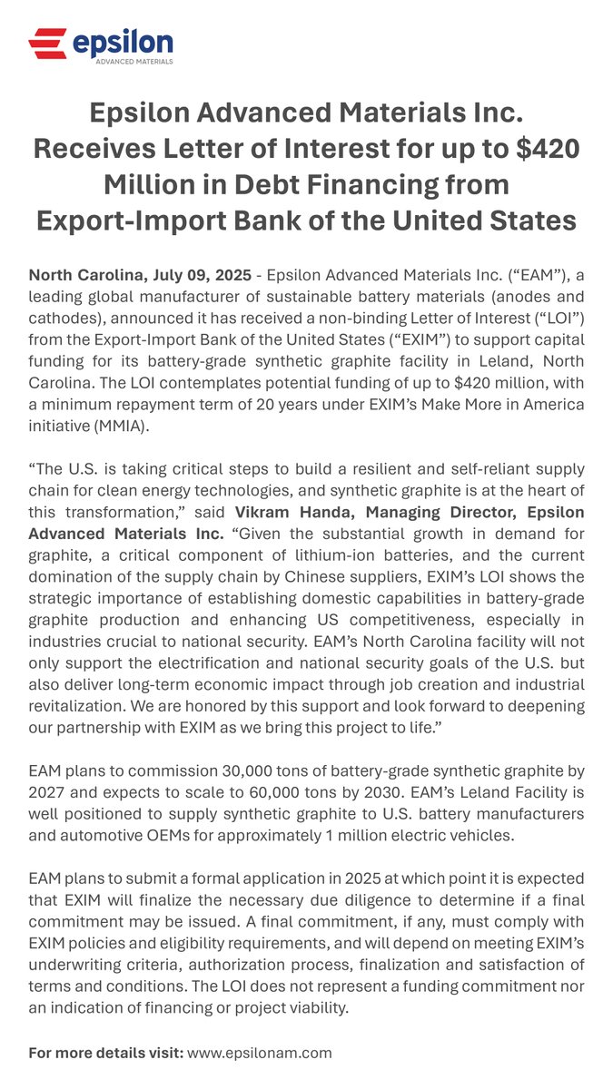 Epsilon Advanced Materials (@epsilongraphite) on Twitter photo We’re happy to share that our North Carolina facility has secured a Letter of Interest for up to $420M from <a href="/EximBankUS/">Export-Import Bank</a> under the MMIA initiative.
This supports U.S. synthetic graphite production for ~1M EVs by 2027 powering clean energy.
Read more: finance.yahoo.com/news/epsilon-a… We’re happy to share that our North Carolina facility has secured a Letter of Interest for up to $420M from <a href="/EximBankUS/">Export-Import Bank</a> under the MMIA initiative.
This supports U.S. synthetic graphite production for ~1M EVs by 2027 powering clean energy.
Read more: finance.yahoo.com/news/epsilon-a…