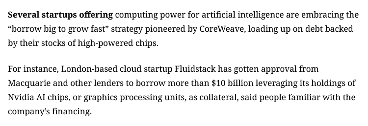 modestproposal1's tweet image. Borrowing $10B against chips you are renting to Microsoft is one thing. Borrowing $10B against chips you are renting to Mistral and Black Forest Labs seems like something else.