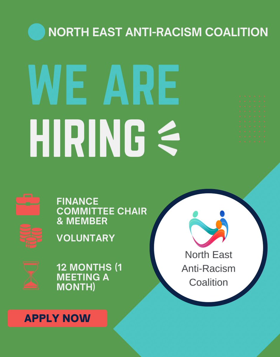 We’re looking for a #volunteer Finance Committee Chair to support the development of the North East Anti-Racism Coalition.

We’re after someone with solid finance experience &amp; a strong commitment to equity &amp; anti-racism.

 northeastantiracism.org.uk/jobs/

#NorthEastAntiRacismCoalition