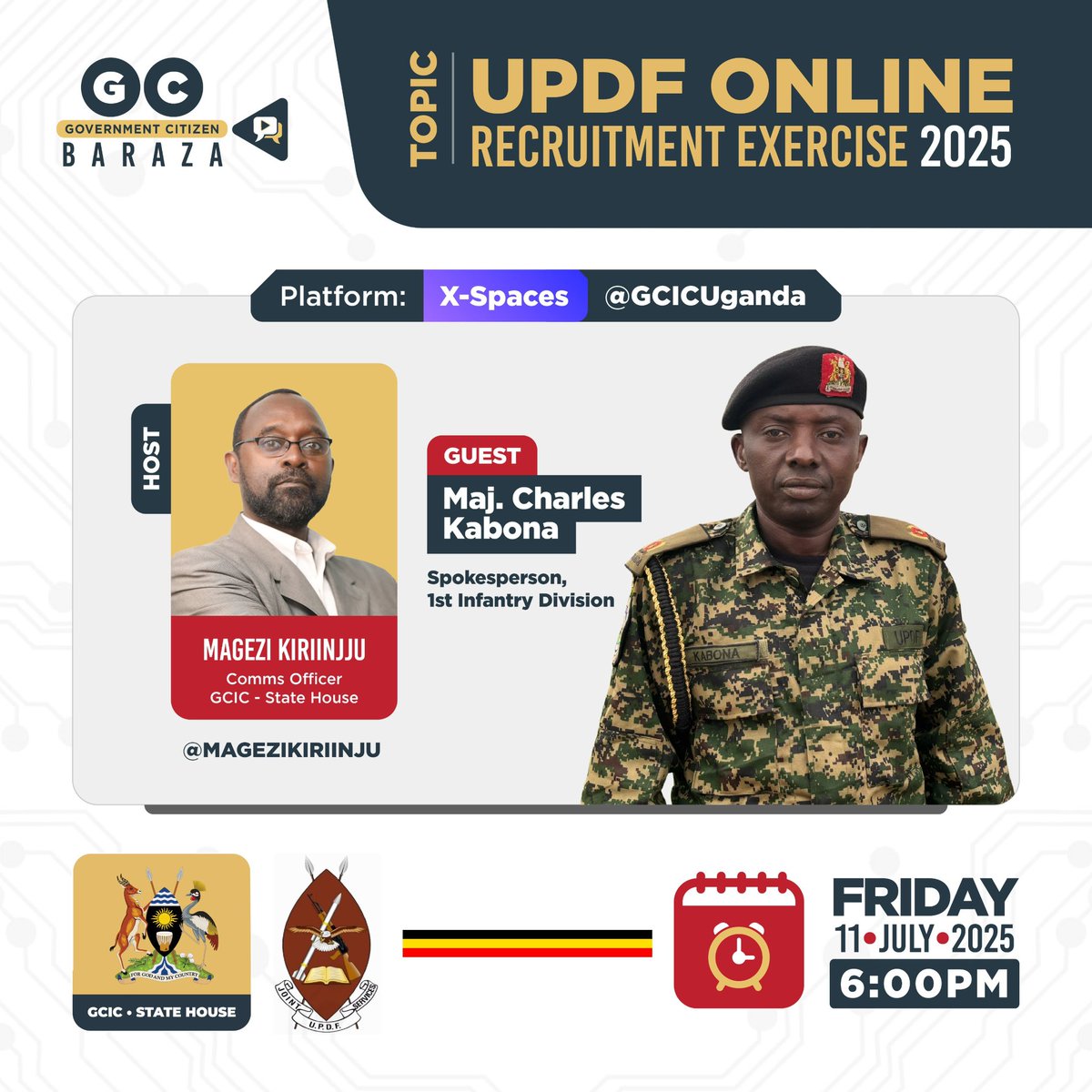 Did you know that the Uganda Peoples’ Defence (UPDF) is conducting a recruitment exercise of 11,500 qualified citizens? 

Don’t miss the insightful discussion about the UPDF recruitment today on our X-Spaces starting at 6:00pm. #OpenGovUg #CitizenBaraza