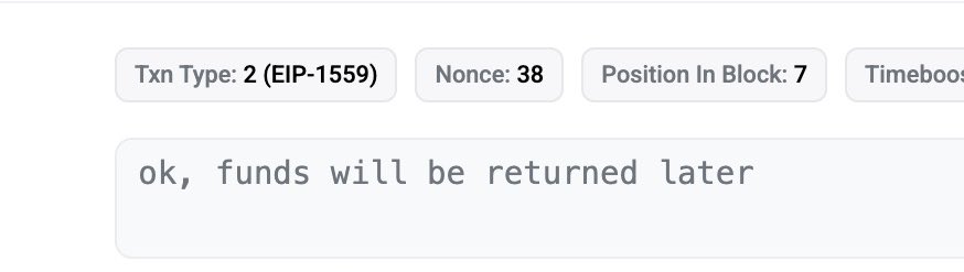 Crypto can be a magical space sometimes! 🪄

1) <a href="/GMX_IO/">GMX 🫐</a> gets hacked for $42M

2) After the GMX hack he buys the bottom with Stablecoins

3) 2 days later he returns 90% of the funds for a $5M bounty

4) Everyone is in profit, because the $ETH position gained more than the bounty