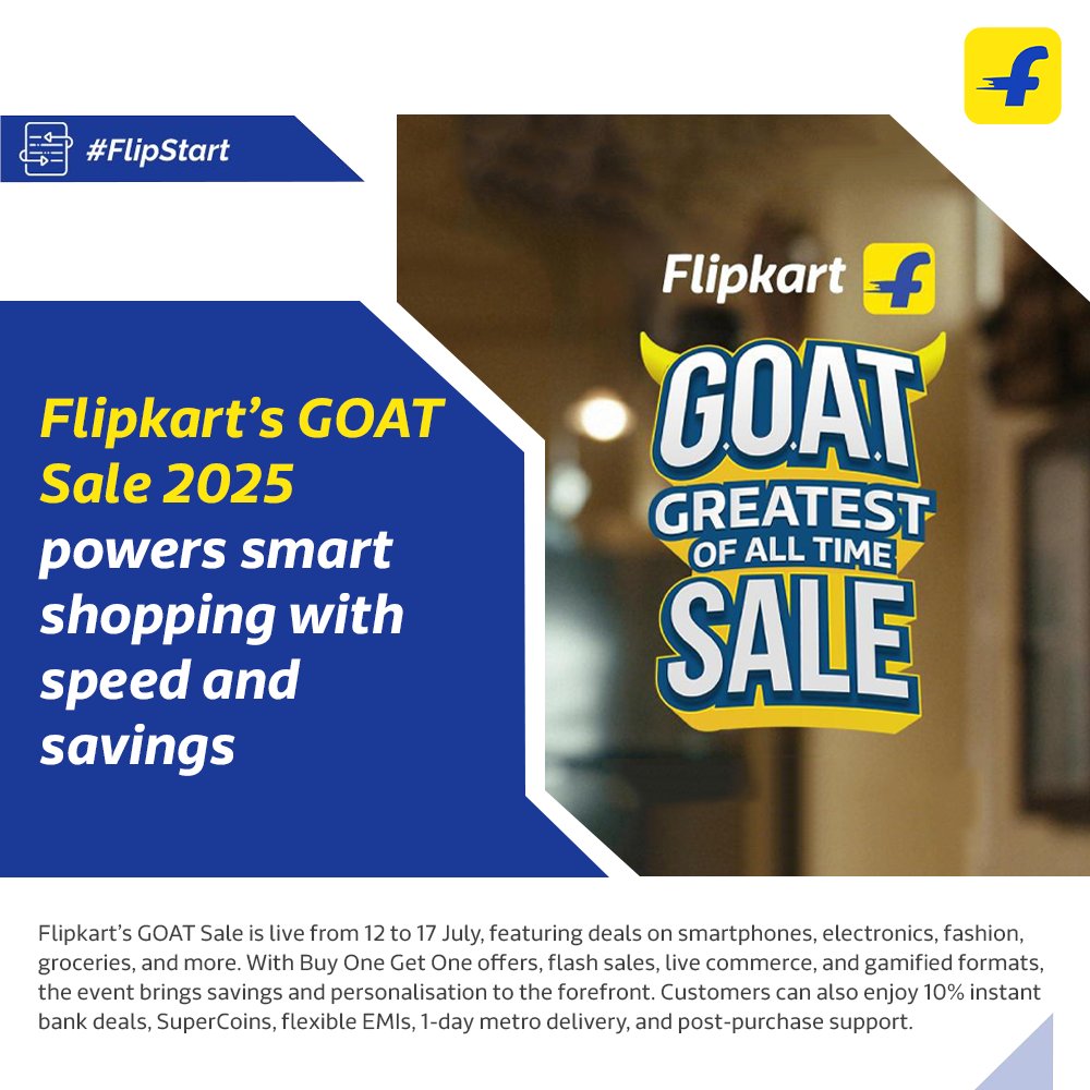 FlipkartStories's tweet image. .@Flipkart announces the return of the GOAT Sale 2025, live from 12 to 17 July, with deals across smartphones, electronics, fashion, beauty, home essentials, and groceries.
Customers can experience Buy One Get One offers, flash sales, and gamified deals, along with 10% instant…