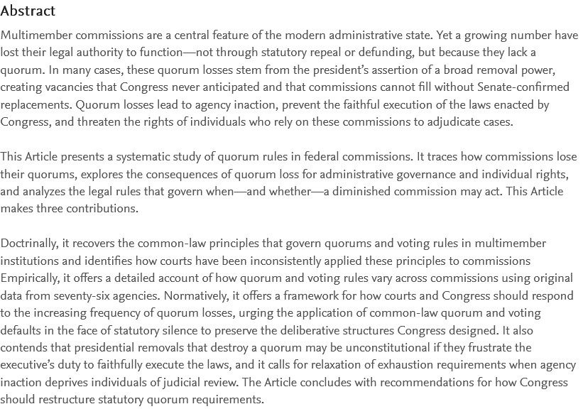 tphillips's tweet image. 🚨Nick Bednar and I have a new article titled Commission Quorums.
In light of firings rendering the NLRB and MSPB quorum-less, we review caselaw, common law principles, and the quorum rules of 76 commissions to understand the law of quorums.
papers.ssrn.com/sol3/papers.cf…