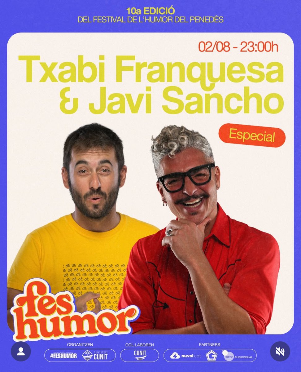 Txabi Franquesa (@txabifranquesa) on Twitter photo Festival de l’humor del penedés. Cunit, 8 d’agost amb en <a href="/Javi_Sancho_/">Javi Sancho</a>
entradium.com/events/feshumo… Festival de l’humor del penedés. Cunit, 8 d’agost amb en <a href="/Javi_Sancho_/">Javi Sancho</a>
entradium.com/events/feshumo…