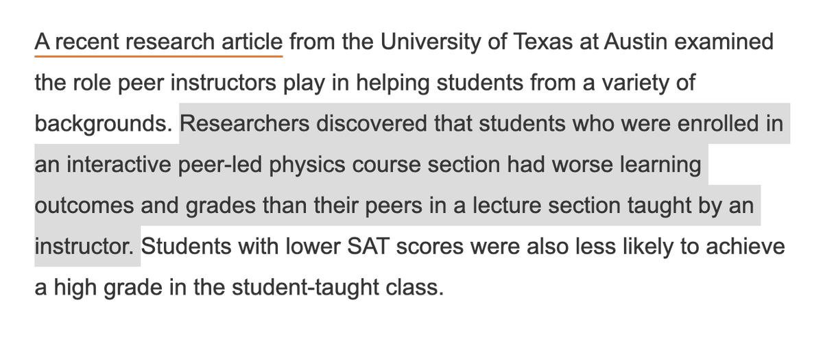 aa_marsh's tweet image. Peer-led teaching leads to worse learning in STEM classes, especially for students with lower levels of preparation. Hard to imagine any other outcome if we view teaching as a profession that entails mastering a real skillset. @insidehighered insidehighered.com/news/student-s…