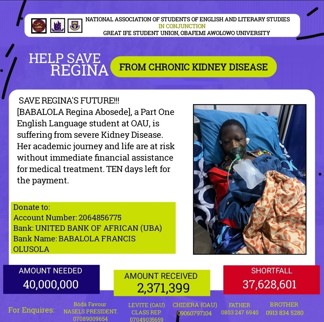 ₦2,371,399/₦40,000,000 raised so far! PLEASE RETWEET WHEN THIS CROSSES YOUR TIMELINE.

No amount is small, send your donations to:

2064856775
UBA
Babalola Francis Olusola