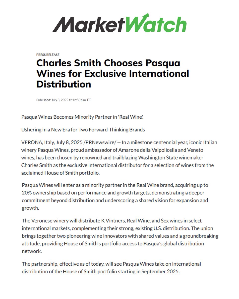 Pasqua Wines (@pasquawinery) on Twitter photo On <a href="/MarketWatch/">MarketWatch</a> news of the agreement between Charles Smith and <a href="/PasquaWinery/">Pasqua Wines</a>; from September 2025, Pasqua will head up the international distribution of a selection of wines from the House of Smith portfolio. Pasqua also enters as a minority partner in the Real Wine brand, On <a href="/MarketWatch/">MarketWatch</a> news of the agreement between Charles Smith and <a href="/PasquaWinery/">Pasqua Wines</a>; from September 2025, Pasqua will head up the international distribution of a selection of wines from the House of Smith portfolio. Pasqua also enters as a minority partner in the Real Wine brand,