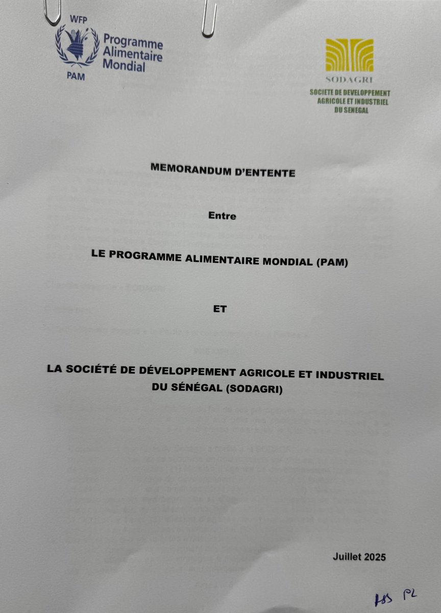 Signature ce jour à Dakar d’un protocole d’accord entre ⁦<a href="/sodagri/">SODAGRI</a>⁩ &amp; ⁦<a href="/WFP_Senegal/">PAM Senegal</a>⁩ pour la campagne culturale 2025 dans le cadre du lancement de la coopérative #CAC de Salemata. Merci au DG ⁦<a href="/assonko/">Aboubacar Sidy SONKO</a>⁩ &amp; à son équipe. ⁦<a href="/MASAE_sn/">Ministère de l'Agriculture et de l'Elevage - MASAE</a>⁩ ⁦<a href="/OnuSenegal/">ONU Sénégal 🇺🇳</a>⁩ 🇺🇳🇸🇳🌾