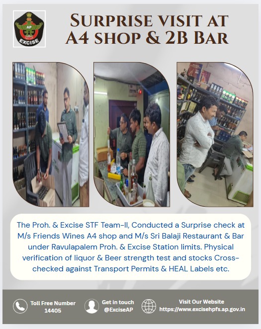 exciseAP's tweet image. Proh. &amp;amp; Excise STF Team-II conducted a surprise check at M/s Friends Wines A4 Shop and M/s Sri Balaji Restaurant &amp;amp; Bar under Ravulapalem P&amp;amp;E Station limits.
✅ Liquor &amp;amp; beer strength tested
✅ Physical stock verified
#ExciseEnforcement #Ravulapalem #AndhraExcise #LiquorControl