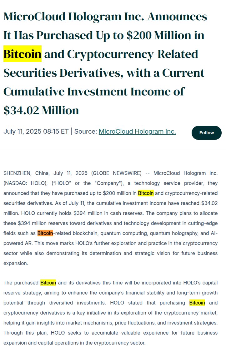 🚨JUST IN: 🇨🇳 MicroCloud Hologram announces it has Purchased Up to $200  Million in Bitcoin and Cryptocurrency-Related Securities Derivatives. The  company holds $394M in cash reserves, which will be deployed into BTC,