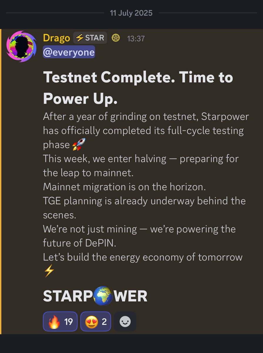 ilCapoFox's tweet image. Great news from @starpowerworld: The Testnet is over ⚡️
The team is preparing the transition to the mainnet which means the TGE on @solana is close🎉
It's time for our StarPlug miners to become true VPPs 🌱
#DePIN #Starpower #Solana #Energy #VPP #miner