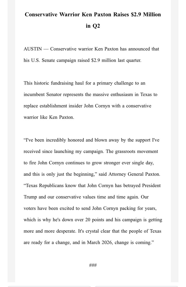 Jasper Scherer (@jaspscherer) on Twitter photo .<a href="/KenPaxtonTX/">Attorney General Ken Paxton</a> announces a $2.9 million haul for his Senate campaign in the second quarter of the year. He launched on April 8, about a week into the fundraising period. #txsen .<a href="/KenPaxtonTX/">Attorney General Ken Paxton</a> announces a $2.9 million haul for his Senate campaign in the second quarter of the year. He launched on April 8, about a week into the fundraising period. #txsen