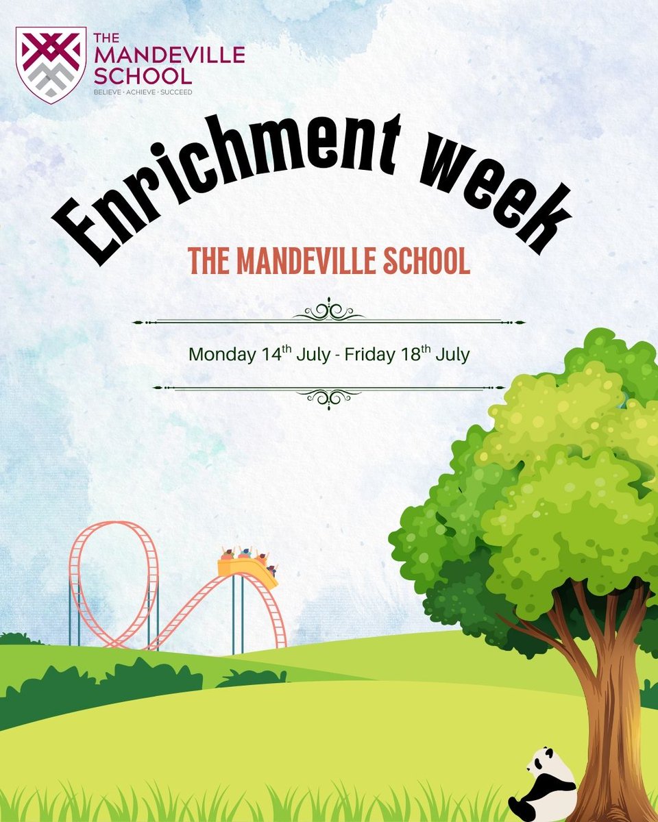 🎢🧪🦁 Mandeville School is turning up the fun for Enrichment Week next week! 
💻 For all school based activities during Enrichment Week, please could students remember to bring their Chromebooks, fully charged to each session.
#BelieveAchieveSucceed